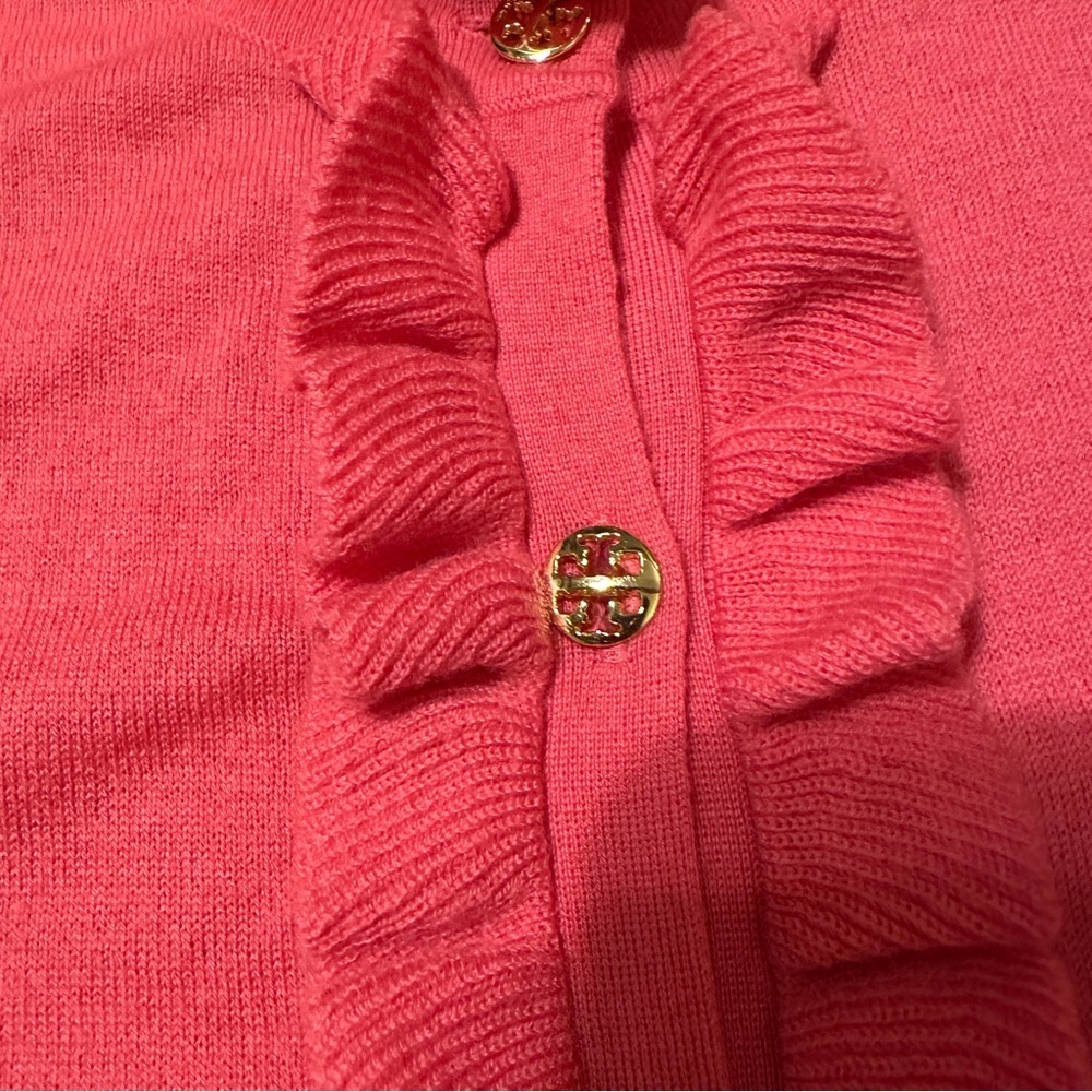 Tory Burch Bright Pink Ruffle Wool Cashmere Button Up Knit Cardigan Sweater XL - Picture 7 of 16